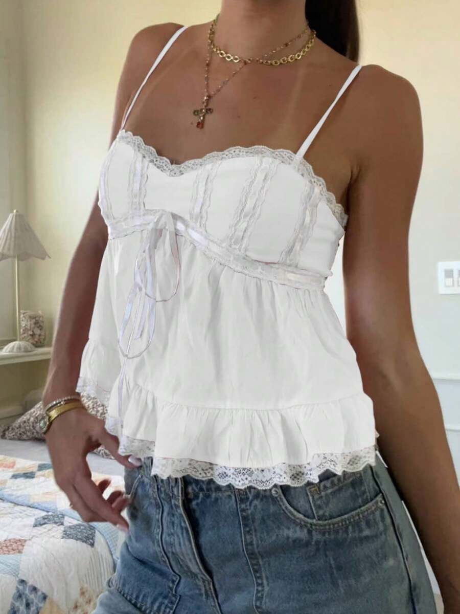 Women Y2k Lace Patchwork Cami Tops Cute Sleeveless Ruffle Hem Slim Fitted Babydoll Camisole Summer Crop Tank Tops Vintage Aesthetic Clothes Streetwear For Teen Girls - 白色 - 查看 1