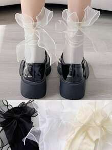 1 Pair/3 Pairs Women Solid Color Cute Bowknot Mid-Calf Socks, Sweet Lace Design, Thin Fabric For Spring/Summer