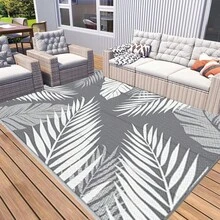 户外地毯 - 防水露台地毯垫户外地毯垫可翻转塑料草编户外地毯适用于房车露营野餐海滩阳台后院泳池甲板门廊农舍 - 灰色和白色 - 查看 13