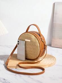 Women's Straw Woven Round Handbag, Summer Beach Style Shoulder Bag, Casual Tote Crossbody Bag, Fashion Summer Vacation Bag, Beach Essentials Women Bags For Vacation & Holiday