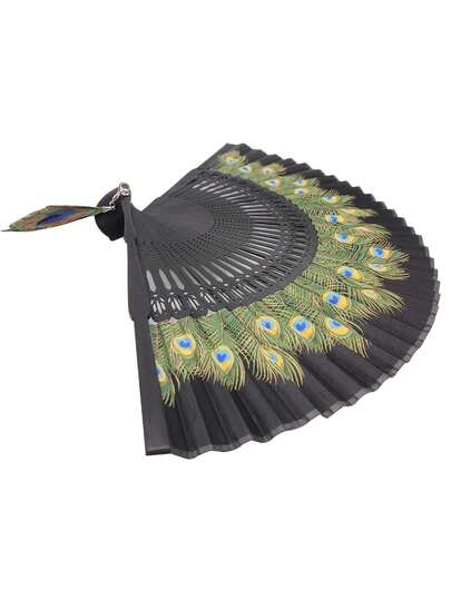 1pc Elegant Hand Fan - Made Of Silk, Foldable Design, Peacock Decor, Suitable For Weddings & Parties, Essential Item