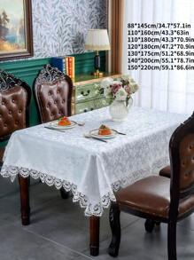 1 Pc White Embroidered Lace Trim Jacquard Tablecloth, Elegant Romantic Polyester Rectangle/Square Dust & Heat Resistant Table Cover, Suitable For Dining Table, Coffee Table, Nightstand, Wedding & Party Decoration - White - View 2