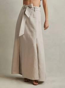 女士休闲夏季开衩下摆半身裙，纯色，轻盈透气 - 杏色 - 查看 4