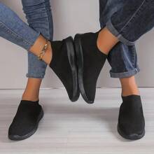 女款時尚透氣防滑網布運動鞋，輕便休閒跑步鞋設有穿脫袜子式設計，男女適用 - 黑色 - 查看 3