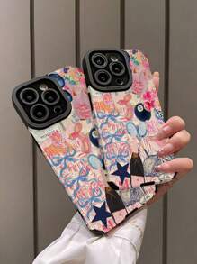 1pc Vintage Pink Bow & Racket Pattern Vertical Stripes Faux Leather Anti-Drop Soft Case Compatible With IPhone11/12/13/14/15/15 Plus/15 Pro/15 Pro Max/16/ Plus/16 Pro Max Waterproof Shockproof Scratch Resistant - Multicolor - View 3