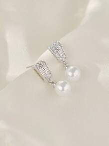 Cubic Zirconia Decor Faux Pearl Drop Earrings Winter Gifts - Silver - View 3