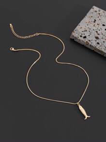 Fashionable & Minimalist Square Snake Chain & Fish Pendant Necklace, Unique Design - Fish Necklace - Adjustable - View 4