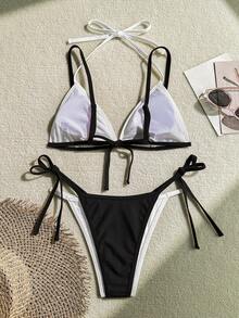 全新撞色系带性感吊带比基尼套装 - 黑色 - 查看 4