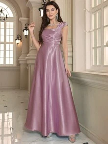 Elegant Solid Square Neck A-Line Extra Long Evening Gown - Mauve Purple - View 1
