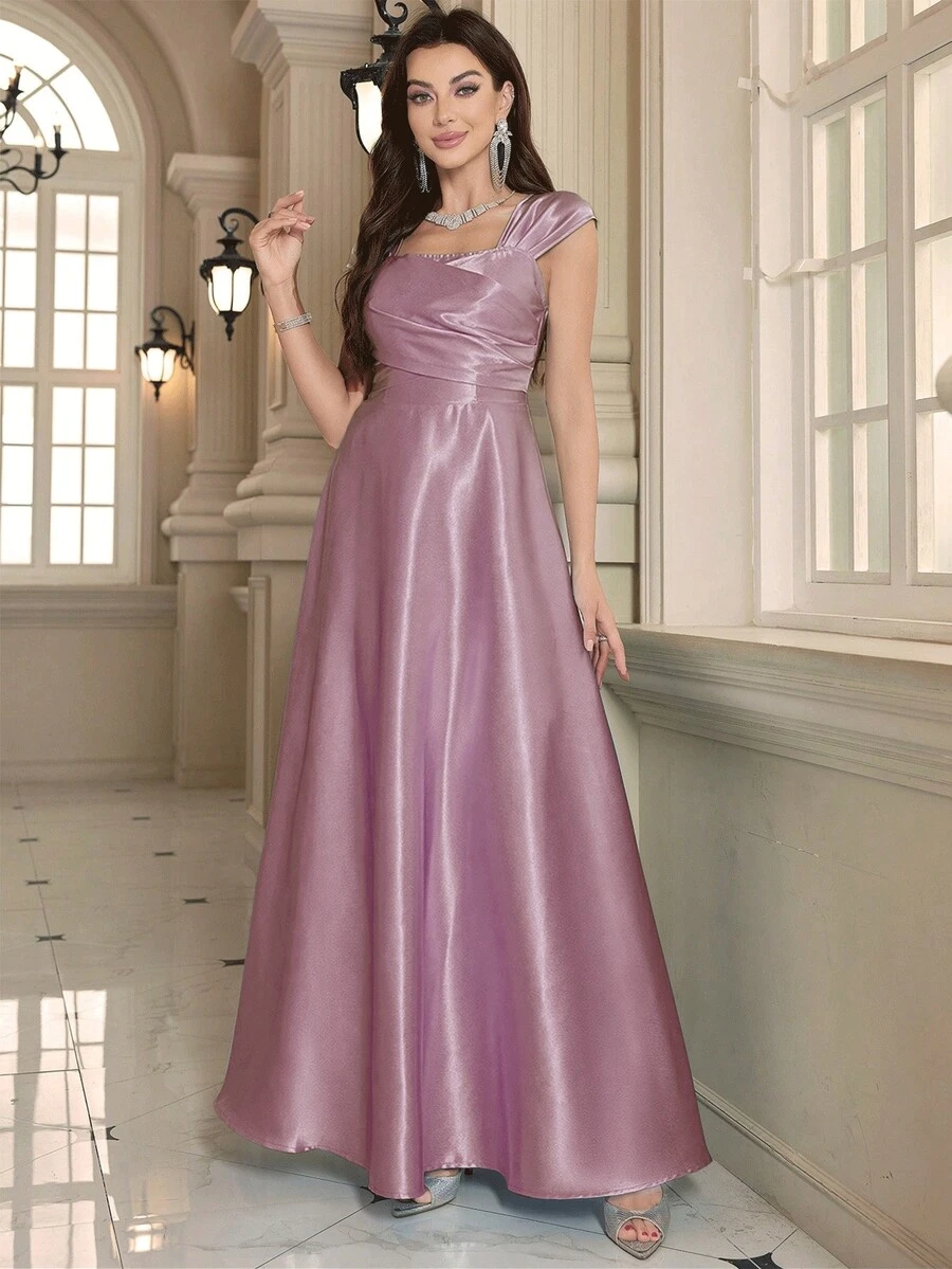 Elegant Solid Square Neck A-Line Extra Long Evening Gown - Mauve Purple - View 1
