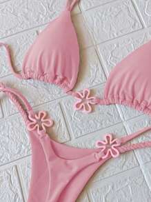 纯色性感欧美风格女士比基尼泳装 - 粉色 - 查看 2