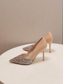 Sapatos de Salto Alto Stiletto de Bico Elegantes para Mulheres, Design em Bloco de Cores de Cristal, Adequados para Festas, Casamentos e Trabalho Diário - Moda Versátil, Decote Baixo, Fácil de Usar Scarpins Boneca Maria