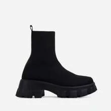 Women's Woven Ankle Boots Featuring Knit Sock Design And Chunky Block Heel For Winter Wear - màu đen - Xem 3