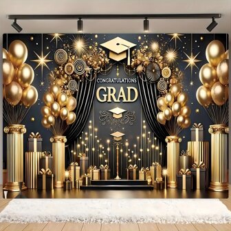1 件金色气球毕业帽背景横幅，多种尺寸，涤纶材质，适合毕业季背景拍摄纪念品氛围装饰