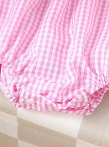 Cute Short Sleeve Elasticated Waist Embroidered Pattern Pink Bodysuit - Pink - View 7