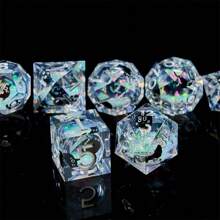 7pcs/Set Handmade Resin Dice With Cute Cat Stickers Theme, Sharply Edged Multi-Sided Dice With Colorful Glitter Theme, Suitable For D&D Role-Playing Games - Clear - View 5