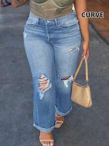 American Street Fashion Daily Joker Loose Leisure Hole Waist Elastic Ladies Plus Size Jeans Straight Tube - Rửa trung bình - Xem 2