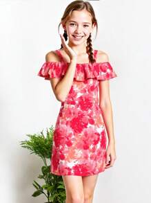 Summer Tween Girls Dress, Sweet Vacation Style, Colorful Floral Print Off Shoulder Strap With Ruffle - Multicolor - View 3