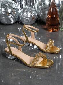 Women's Crystal Chunky Heel Glass Rhinestone Champagne Color Plus Size High Heel Sandals
