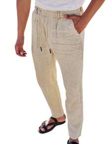 Men's Breathable Linen Pants Solid Color Drawstring Waist Casual Straight Leg Trousers For Summer - Khaki - View 1