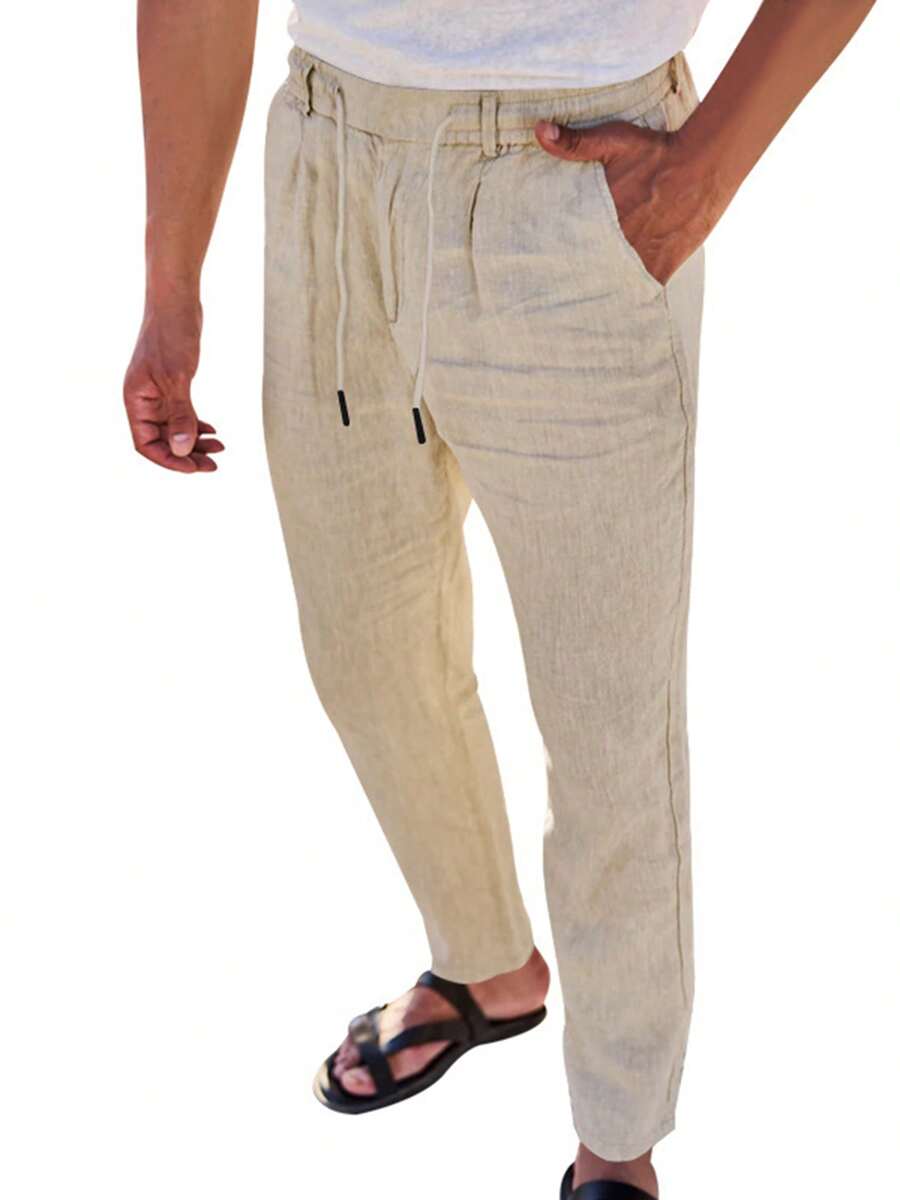 Men's Breathable Linen Pants Solid Color Drawstring Waist Casual Straight Leg Trousers For Summer - Khaki - View 1