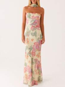 Women Floral Print Long Tube Dress With Scarf Strapless Backless Maxi Dresses With Scarf Long Bodycon Dresses Formal Cocktail Party Dress Summer Holiday Beach Sundress