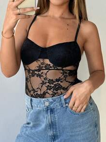 Plus Size Women's Solid Color Minimalist Sexy Lace Bodysuit, Spring/Summer - Black - View 4