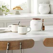 Recipiente de café de gres de 12 onzas con tapa de madera y cucharón en color crema/marrón - Blanco - Ver 3