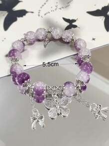 1pc Fashionable Glass Beaded Bracelet With Butterfly Charm, Delicate Cracking Design
