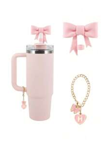2pcs/Set: 1pc Silicone Bow Straw Topper & 1pc Letter Heart Bow Cup Tag, Fit For 40oz Cup, 10mm Straw Diameter, With Handle Glass Cup, Cute Pink Butterfly Decoration, Back To School Supplies