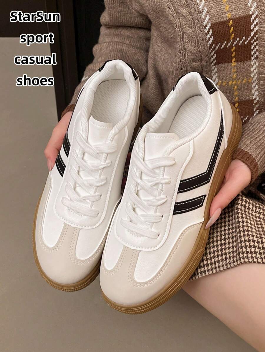 Damen Frühling Herbst Neuer Stil Deutsche Trainingsschuhe, wasserdicht rutschfest leicht zu reinigen Rundkappe Niedrig Top Lässig Schuhe, flach bequem vielseitig kleine weiße Schuhe, Kontrastfarbe Lässige Schuhe, Retro Stil Flache Schuhe