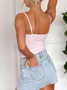 Camiseta sin mangas con cuello en V y botones de rayas rosas para mujer, de estilo minimalista para uso diario, primavera/verano