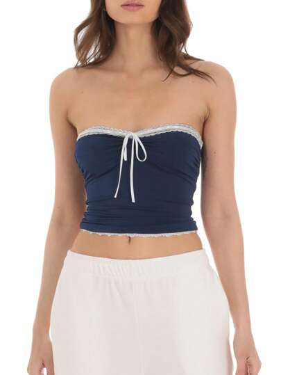 Women's Casual Contrast Color Lace Trim Cropped Camisole Top, Summer