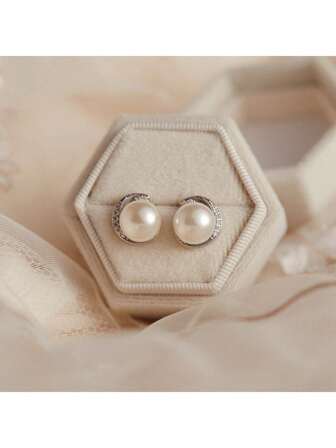 bamoer 1 对珍珠耳环珠宝 925 纯银白色珍珠推回式耳钉女士优雅时尚珠宝浪漫白色礼盒