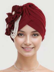 1 pieza Elegante pañuelo decorado con flores y perlas para el cabello de mujer