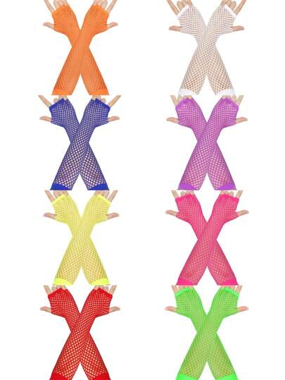 女童和儿童鱼网露指手套，霓虹色，尺码 8-16Y，适合派对、角色扮演、Cosplay 和其他主题活动