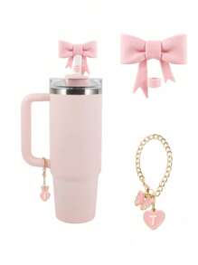 2pcs/Set: 1pc Silicone Bow Straw Topper & 1pc Letter Heart Bow Cup Tag, Fit For 40oz Cup, 10mm Straw Diameter, With Handle Glass Cup, Cute Pink Butterfly Decoration, Back To School Supplies