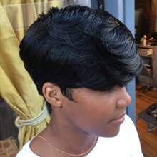 优雅短款精灵短发假发带刘海 150% 密度巴西雷米真人发全机织假发非常适合日常佩戴和派对 6 英寸 - 自然色&黑色系 - 查看 4