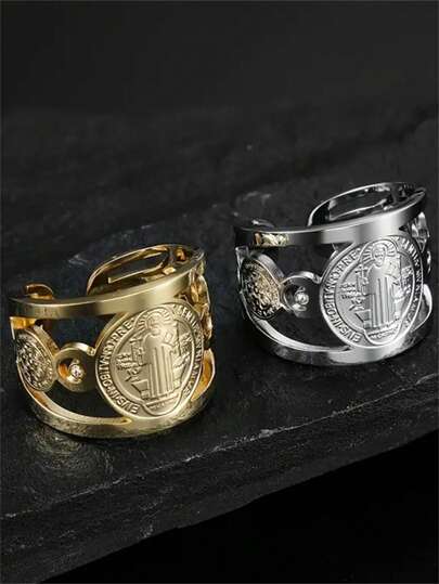 1 pieza Anillo abierto religioso de San Benito de acero inoxidable ajustable con circonita cúbica sintética, joyería de moda apta para uso diario y fiesta, regalo del Día de San Valentín, joyería minimalista, joyería tallada