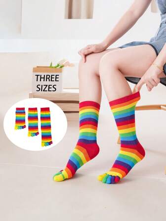 1 Pair Dopamine Themed Rainbow Color Toe Separator Socks, Cute & Fashionable For Daily Wear, Fall