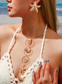 2pcs/Set Fashion Personalized Seaside Holiday Marine Style Starfish/Conch/Shell Pendant Necklace And Earring Set, Suitable For Daily Wear, Holiday Party, Beach Vacation - Yellow Gold - View 4