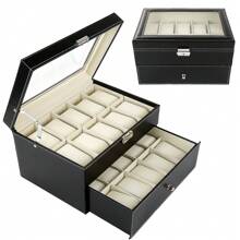 Caja para 20 relojes, estuche para relojes de hombre, almacenamiento de relojes con 2 niveles, caja para relojes de hombre y mujer, bisagra de metal, piel sintética negra, tapa de cristal, soporte grande - Negro - Ver 1