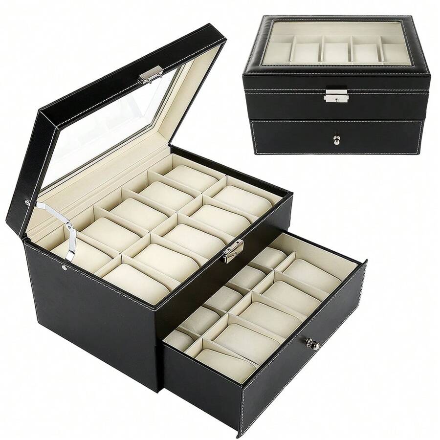 Caja para 20 relojes, estuche para relojes de hombre, almacenamiento de relojes con 2 niveles, caja para relojes de hombre y mujer, bisagra de metal, piel sintética negra, tapa de cristal, soporte grande - Negro - Ver 1