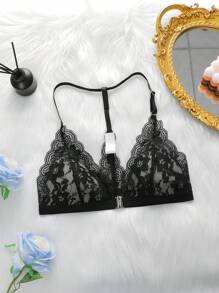 Embroidered Lace Translucent Sexy Lingerie Bra - Black - View 1