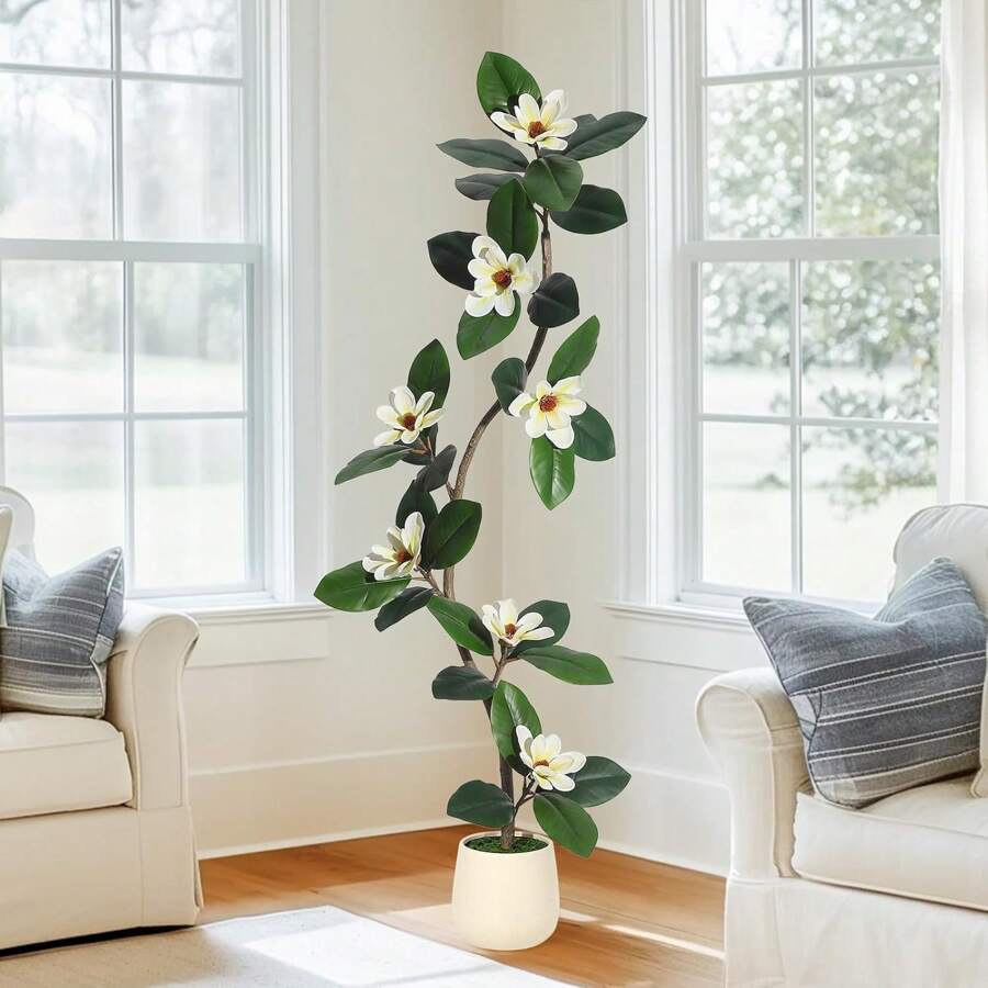 CuisinSmart 5ft Fake Rubber Tree With White Planter,Pre Potted Faux Tree With 7 Pcs Magnolia Flowers For Home Decor Office House Living Room Indoor Outdoor - 綠色 - 查看 1