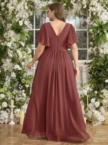 V-Ausschnitt Rüschenärmel langes Chiffon Brautjungfernkleid, einfarbig