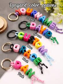 1个定制多色亚克力珠子英文字母钥匙扣，可定制1~10个字母，个性化包包挂饰，定制名字礼物，个性化钥匙圈（金色/黑色），挂绳颜色：黑色/紫色/绿色/蓝色/粉色，定制背包装饰，都市休闲，复古，旅行收纳 - 彩色 - 查看 4