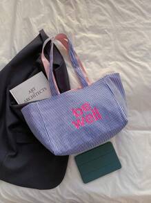 Esta bolsa de lona a rayas de doble cara es una bolsa de compras ligera, casual y minimalista, adecuada para mujeres jóvenes, principiantes y trabajadores de oficina. Es perfecta para la universidad, es una opción ideal para el regreso a clases, el primer día de clases, la playa, las vacaciones, la bolsa escolar y un artículo imprescindible para la universidad. Bolsa de lona, atuendos de verano - Azul - Ver 6