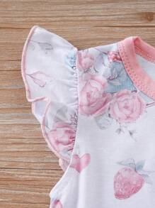 夏季甜美卡通松鼠和热气球全身印花婴儿女孩连体衣，带飘袖 - 白色 - 查看 4