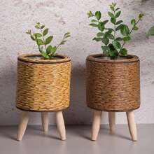 1PC Vintage Imitation Rattan Woven Flower Shelf Planters Handmade Storage Basket With Removable Wooden Legs Plant Pot Stand Holder